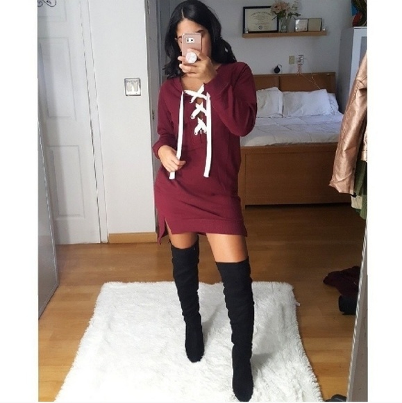 Dresses & Skirts - "Chill Dayz" Burgundy Lace Up Sweater Dress NWT